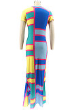 Rose Red Round Neck Tight Printing Lady Long Dress KZ2120-2