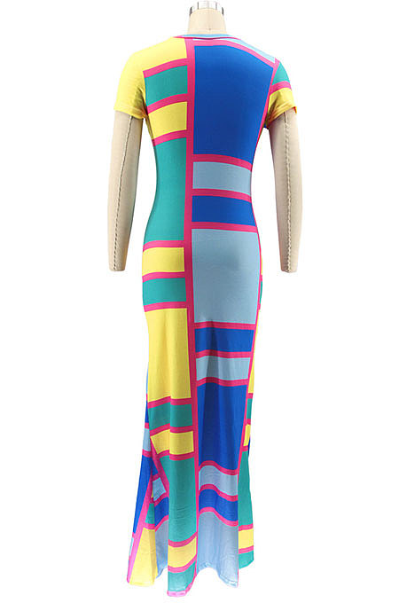Rose Red Round Neck Tight Printing Lady Long Dress KZ2120-2
