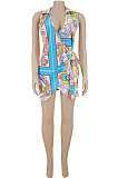 Sky Blue Euramerican Women Sexy Colorful Printing Bandage Mini Dress  AYW1009
