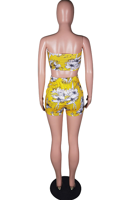 Yellow Sexy Fashion Printing Boot Tube Top Shorts Two Piece BS1277-1 