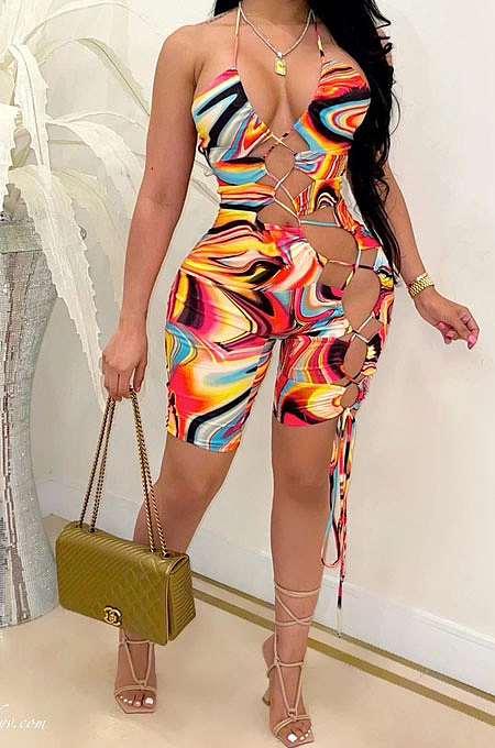 Red Women Trendy Printing Sexy Sleeveless Tight Romper Jumpsuits ZK6034