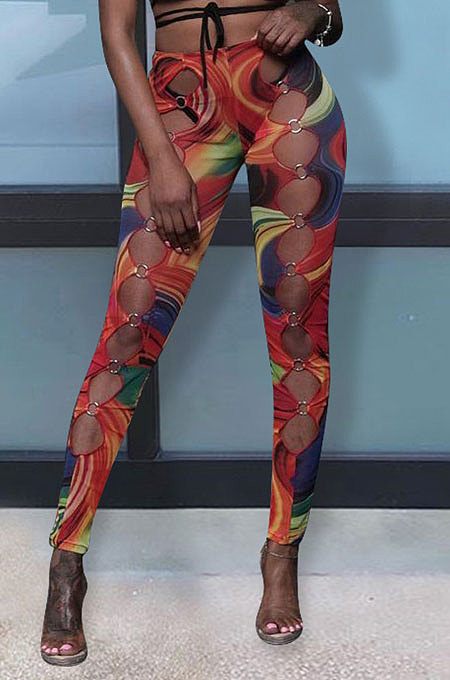 Wine Red Women Fashion Hole Long Pants FFE158
