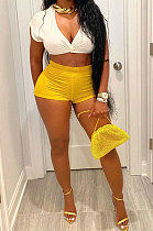 Yellow Euramerican Women Slim Fitting Short Sleeve V Neck Shorts Sets FFE153