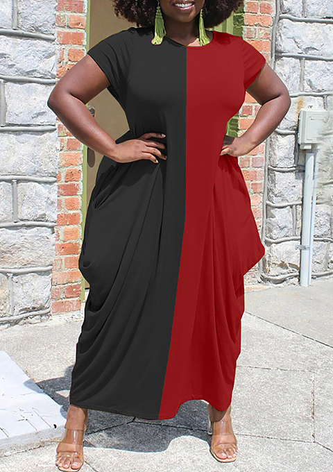 Black Euramerican Spliced Loose Round Neck Short Sleeve Irregularity Dress ALS260-1