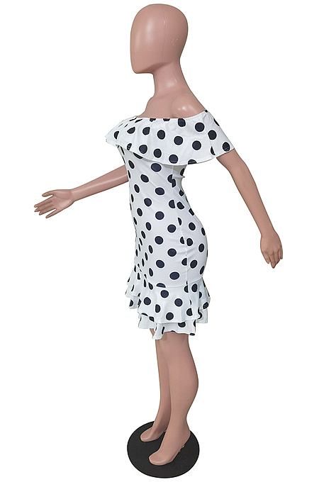 White Sexy A Word Shoulder Flounce Wave Point Print Dress BS1278-1