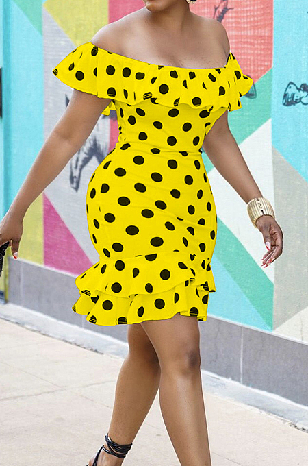Yellow Sexy A Word Shoulder Flounce Wave Point Print Dress BS1278-2