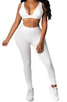 White Euramerican Women Pure Color Condole Belt Elastic Force Casual Sport Pants Sets KZ2119-1
