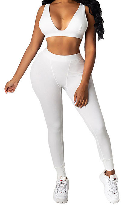 White Euramerican Women Pure Color Condole Belt Elastic Force Casual Sport Pants Sets KZ2119-1