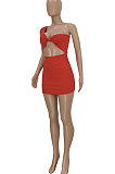 Red Women Sexy Tight Pure Color One Shoulder Backless Mini Dress  FFE161-1