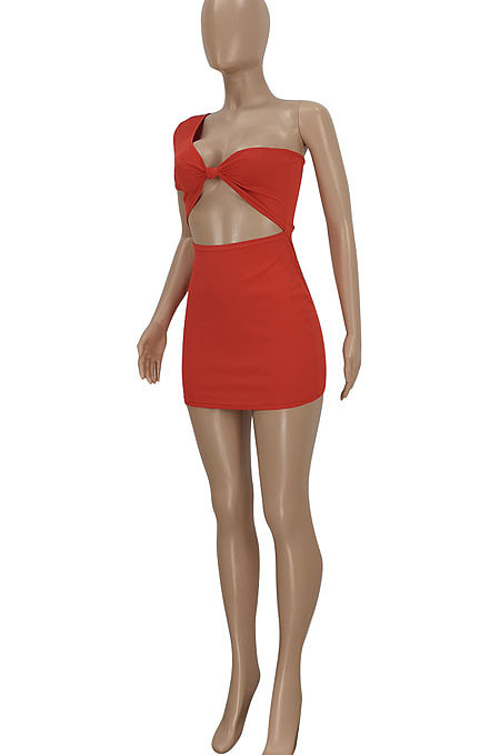 Red Women Sexy Tight Pure Color One Shoulder Backless Mini Dress  FFE161-1
