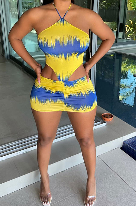 Yellow Red Euramerican Women Fashion Printing Bandage Mini Dress FFE162-2