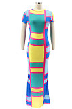 Rose Red Round Neck Tight Printing Lady Long Dress KZ2120-2