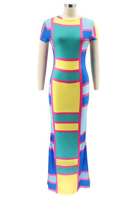 Rose Red Round Neck Tight Printing Lady Long Dress KZ2120-2