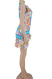 Sky Blue Euramerican Women Sexy Colorful Printing Bandage Mini Dress  AYW1009