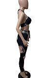Black Women Fashion Sexy Printing Condole Belt Chest Wrap Pants Sets ZK6028