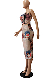 Apricot Sexy Boot Tube Top A Word Shoulder Positioning Printing A Line Skirt Two Piece CM2143-1