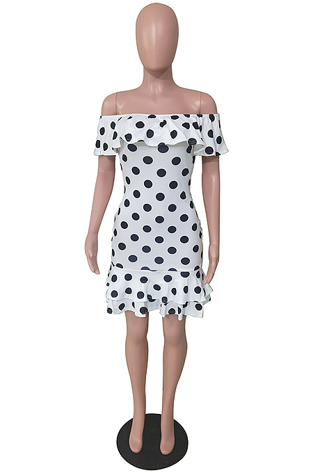 White Sexy A Word Shoulder Flounce Wave Point Print Dress BS1278-1