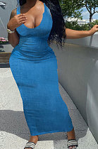 Blue Euramerican Women U Neck Condole Belt Tight Long Dress LD81007