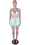 Cyan Green Casual Sports Zipper Cardigan Shorts Three Piece N9294-2