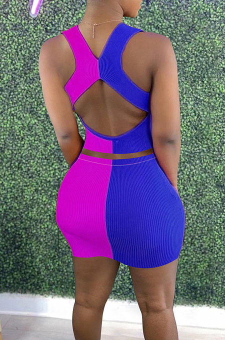 Blue Fashion Sexy Double Color Spliced Tank Short Skirts Two Piece PU6090-3