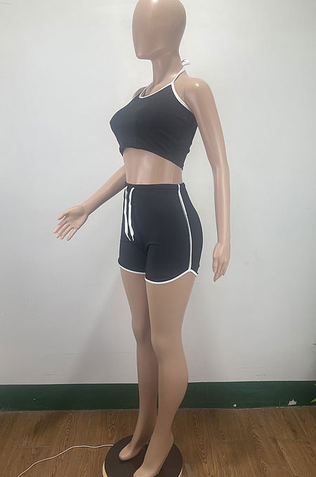 Black Euramerican Women Pure Color Halter Neck Sport Shorts Sets AMM8359-1