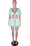 Cyan Green Casual Sports Zipper Cardigan Shorts Three Piece N9294-2