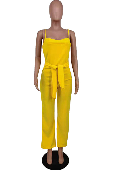 Yellow Fashion Pure Color Collect Waist Sexy Jumpsuits AMX6080