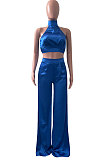 Dark Blue Women Pure Color Sleeveless Top Casual Pants Sets NK254-1
