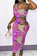 Purple Fashion Fake Two Piece Hollow Out One Shoulder Sling Slim Fitting Digital Print Dress CM2144-3