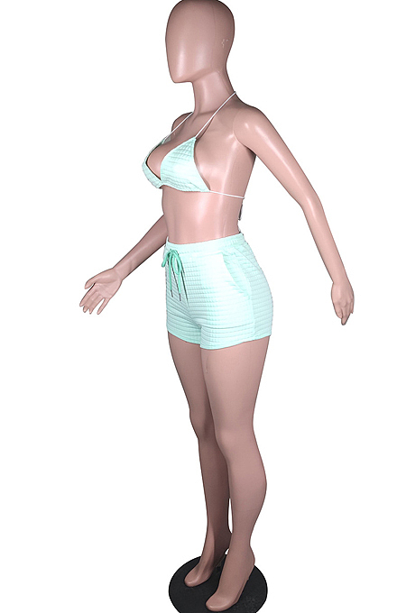 Cyan Green Casual Sports Zipper Cardigan Shorts Three Piece N9294-2