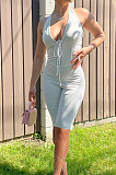 Grey Fashion Casual Bind Pure Color Halter Neck Backless Bodycon Jumpsuits PU6089-1