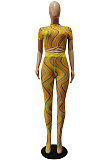 Yellow Fashion Net Yarn Printing Bind Casual Short Sleeve Pantyhose Sets CM2148-1