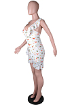 White Sexy Deep V Agaric Edge Butterfly Print Romper Shorts N9295