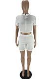 White Fashion Casual Short Sleeve Zipper Shorts Tight Two Piece LYY9312-2
