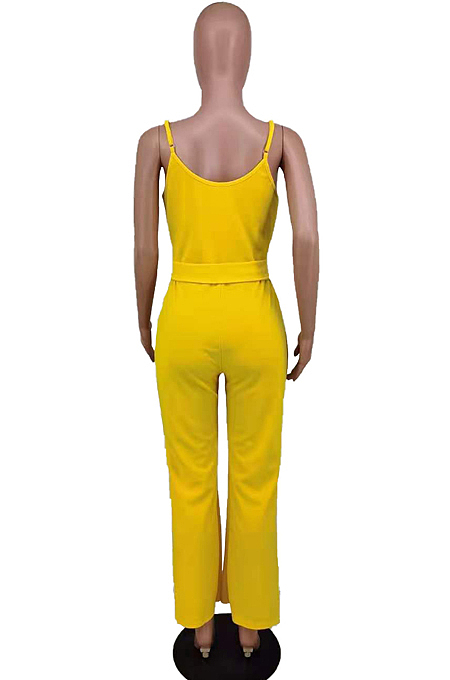 Yellow Fashion Pure Color Collect Waist Sexy Jumpsuits AMX6080