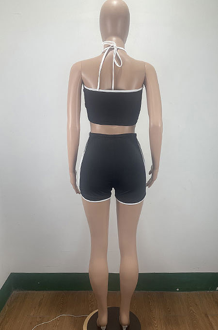 Black Euramerican Women Pure Color Halter Neck Sport Shorts Sets AMM8359-1