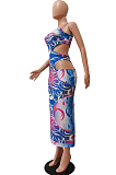 Blue Fashion Fake Two Piece Hollow Out One Shoulder Sling Slim Fitting Digital Print Dress CM2144-2