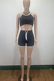 Black Euramerican Women Pure Color Halter Neck Sport Shorts Sets AMM8359-1