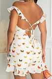 White Sexy Deep V Agaric Edge Butterfly Print Romper Shorts N9295