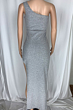 Grey Sexy Pit Bar Printing Inclined Shoulder Elastic Casual Dress CL6109-1