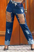 Blue Sping Summer Personality Waist Bind Casual Jeans LS6456