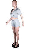 Grey Casual Sports Zipper Cardigan Shorts Three Piece N9294-1
