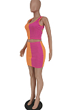 Pink Fashion Sexy Double Color Spliced Tank Short Skirts Two Piece PU6090-1