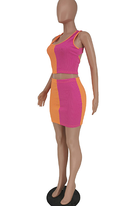 Pink Fashion Sexy Double Color Spliced Tank Short Skirts Two Piece PU6090-1