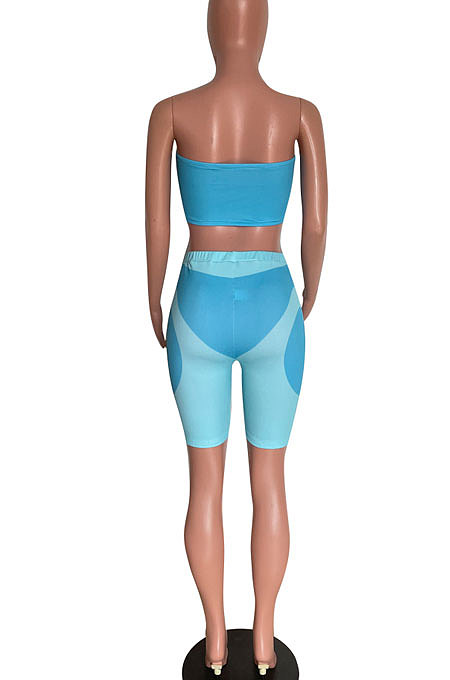 Light Blue Trendy Women Chest Wrap Tight Color Matching Shorts Sets HM5487-1