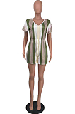 Green Summer V Neck Stripe Gridle Romper Shorts AMX6037-1