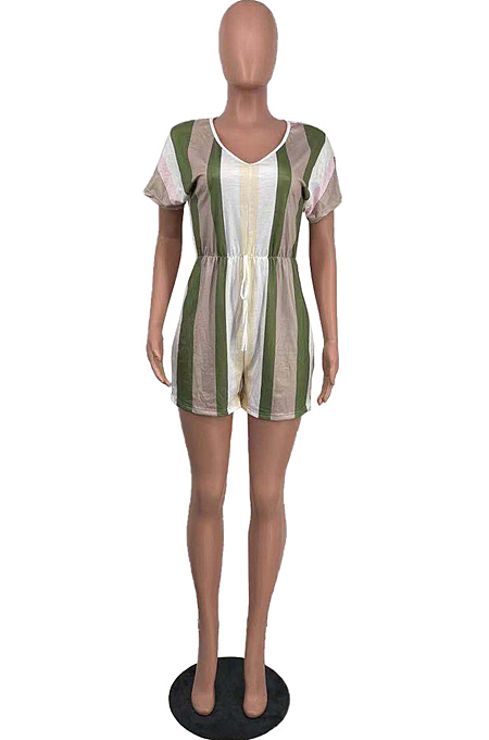 Green Summer V Neck Stripe Gridle Romper Shorts AMX6037-1