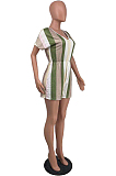 Green Summer V Neck Stripe Gridle Romper Shorts AMX6037-1