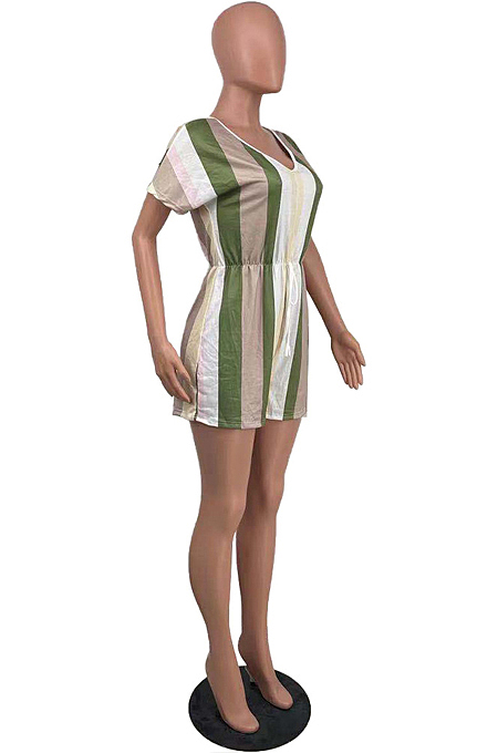 Green Summer V Neck Stripe Gridle Romper Shorts AMX6037-1