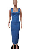 Blue Euramerican Women U Neck Condole Belt Tight Long Dress LD81007